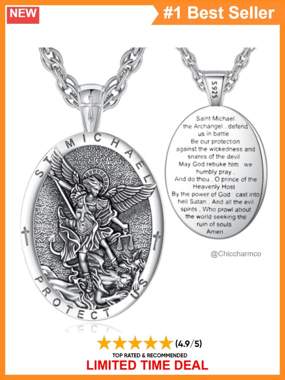 S925 Sterling Silver St Michael Archangel Medal Necklace Pendant for Protection